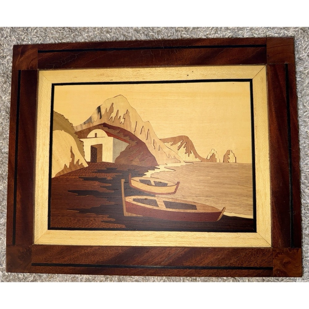 Set Of‎ 2 Vintage Italian Marquetry Inlaid Wood Sorrento Style Coastal Scenes - Picture 4 of 9